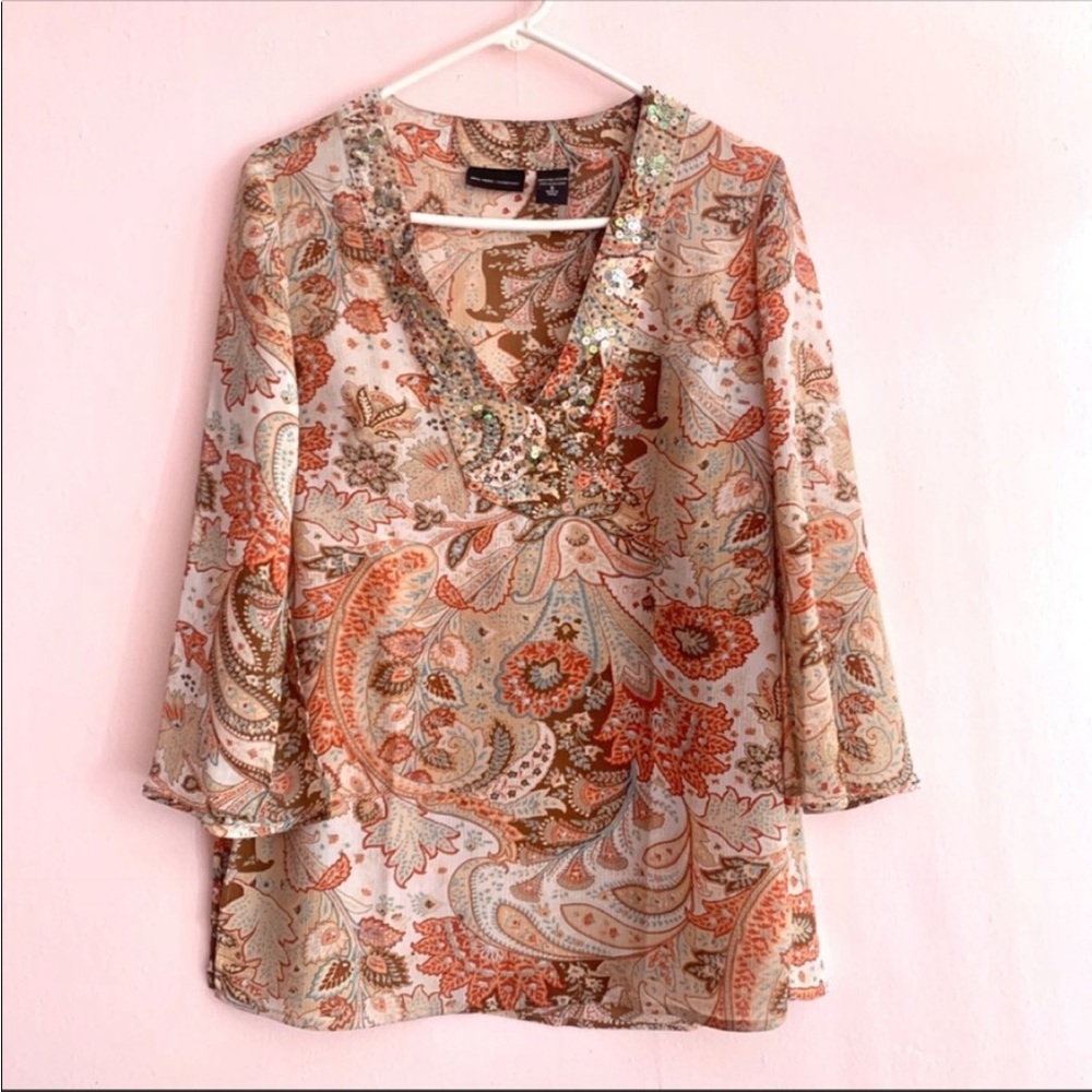New York & Company Cream + Peach women’s tunic size Small paisley